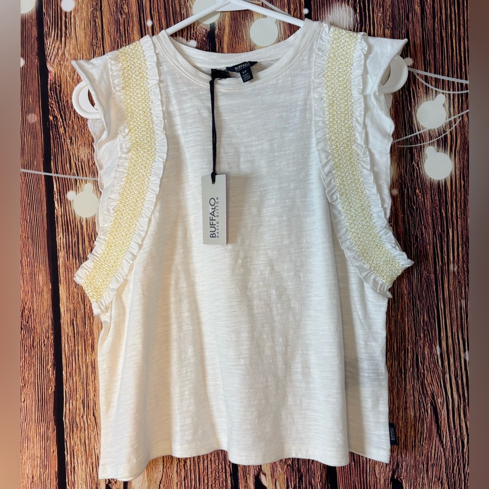 Buffalo David Bitton 100% Cotton White Tank Top with Yellow Details